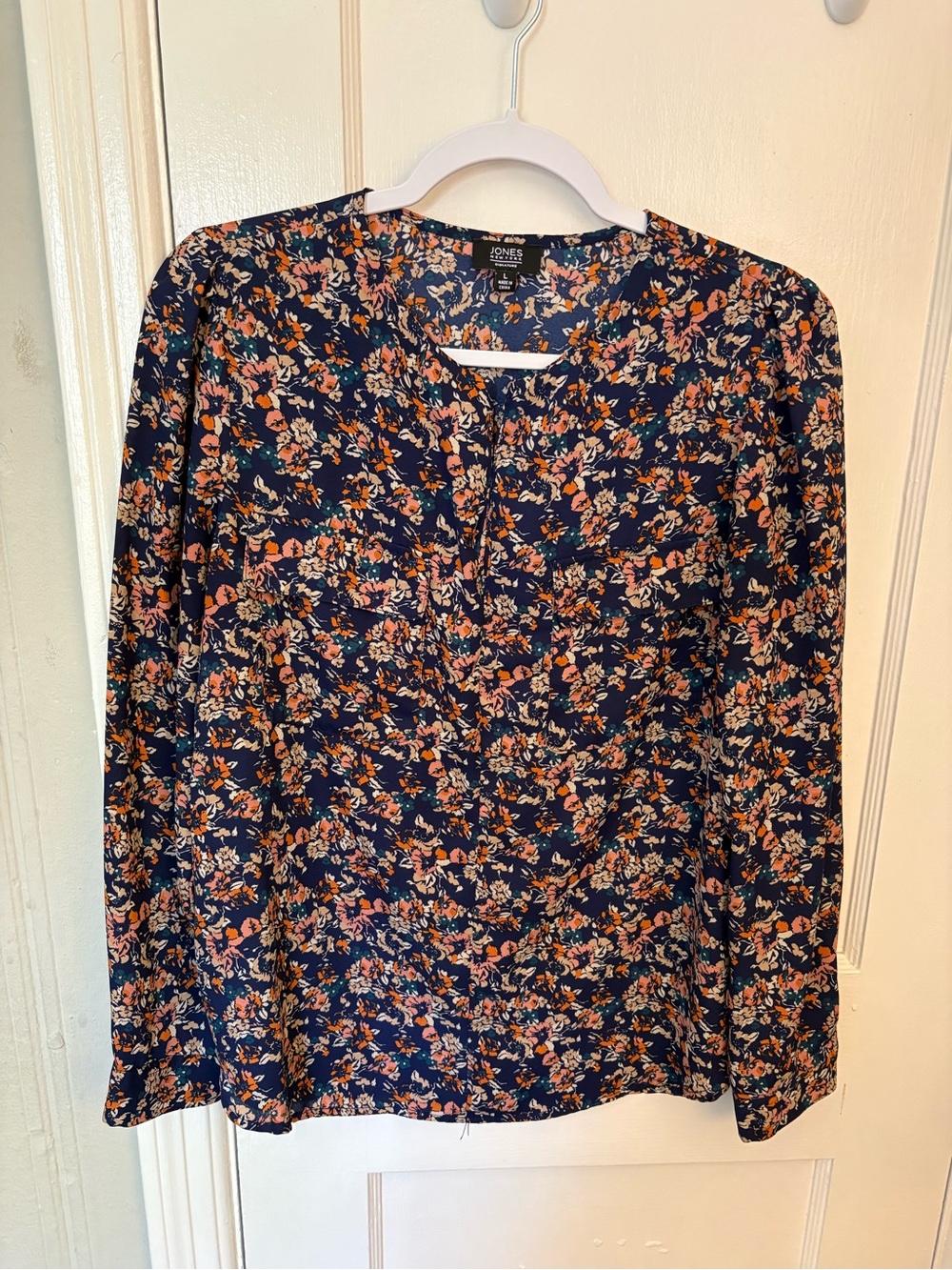 Jones New York Navy Floral Button-Front Long Sleeve Blouse